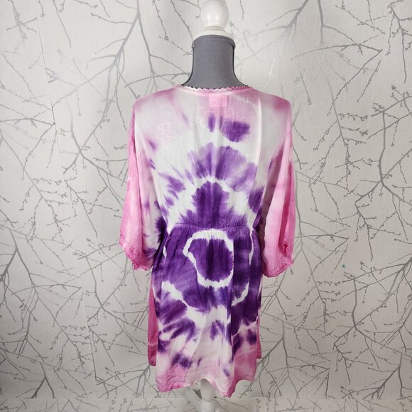 India Boutique Pink Purple Tie Dye Print Cinch Waist Beach Cover Tunic - Picture 5 of 8